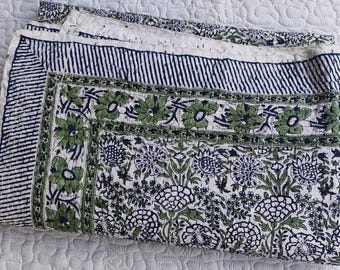 Indian Cotton Kantha Quilt Blue And Green Floral Hand Block Print Hand Stitch