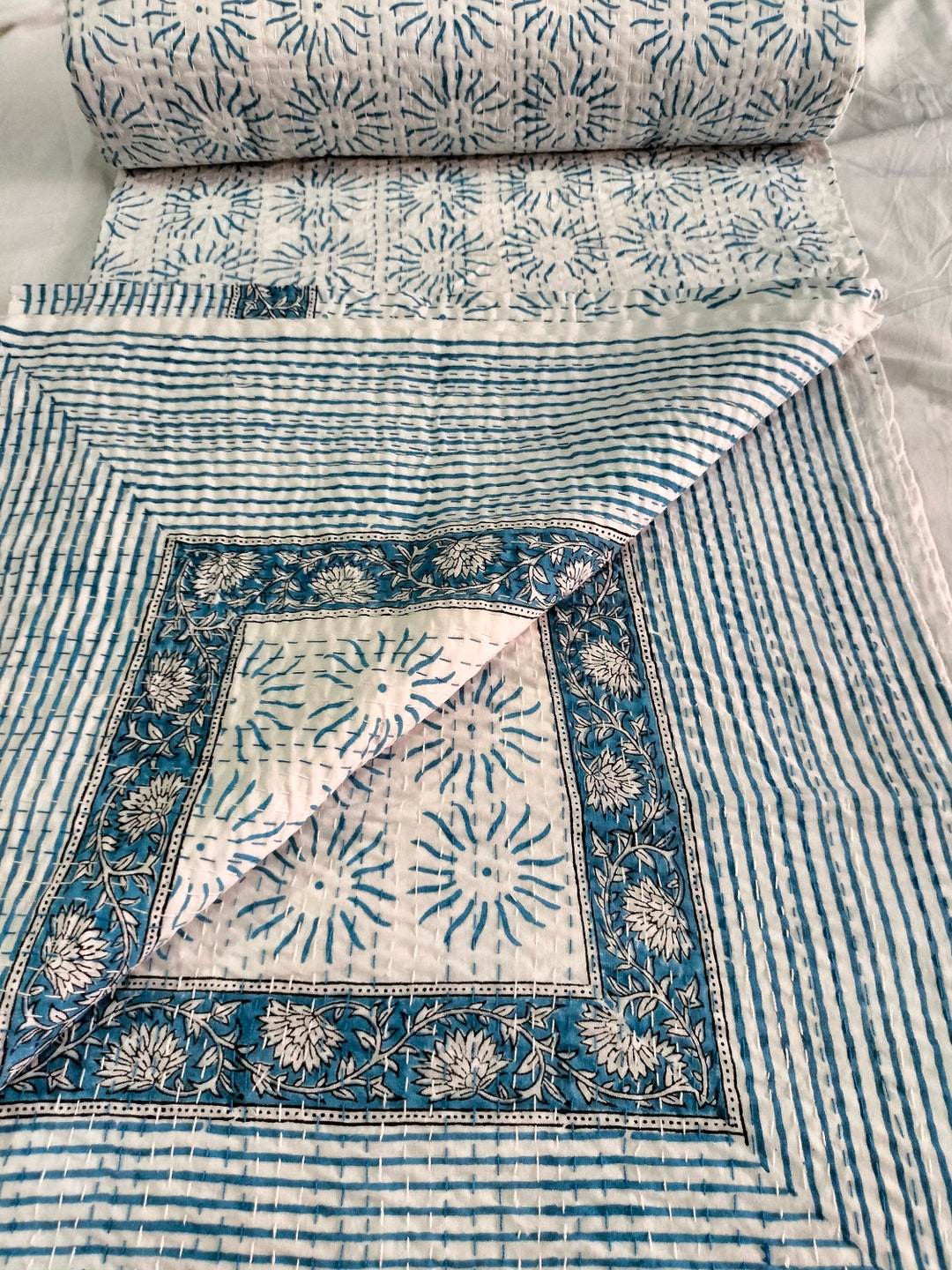 Indian Quilt Blue Block Print Kantha Bedspread Bedcover Blanket Throw ...