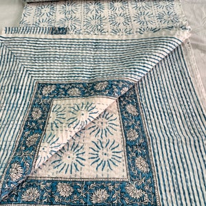 Indian Quilt Blue Block Print Kantha Bedspread Bedcover Blanket Throw Sky Blue Kantha Bedding Throw Coverlet Queen Size Kantha Quilt