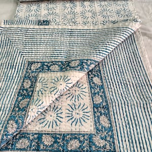 Indian Quilt Blue Block Print Kantha Bedspread Bedcover Blanket Throw Sky Blue Kantha Bedding Throw Coverlet Queen Size Kantha Quilt