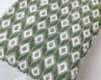 Green Diamond Kantha Quilt: Hand Block Print Cotton Bedspread