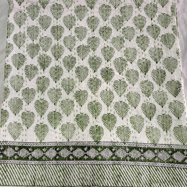 Green kantha quilt hand block print hand made kantha blanket green floral kantha quilt queen hand made kantha green floral print handblocked