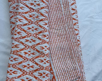 Orange Kantha Quilt: Hand Block Print Cotton Bedspread