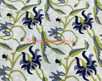 Blokprintstof, mooie blauwe bloemenprintstof, India-stof, bedrukte katoenen stof, stof op maat gesneden, handblokprint