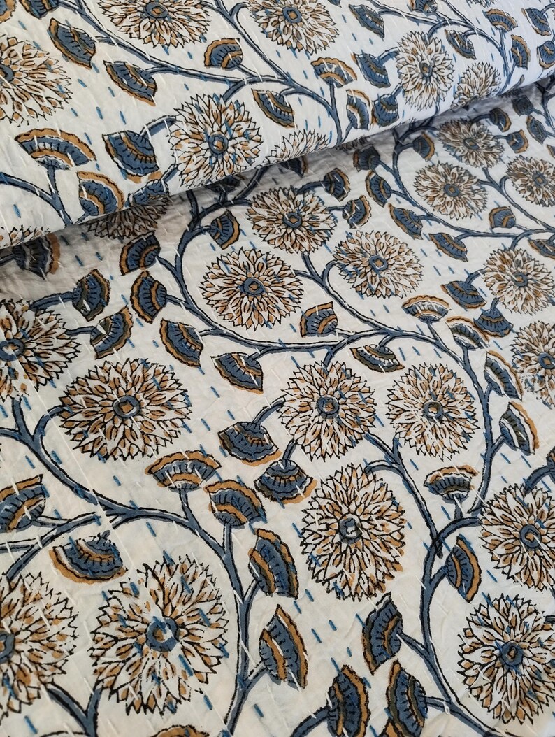 Floral Hand Block Print Kantha Quilt: Blaue Baumwolle Tagesdecke Bild 5