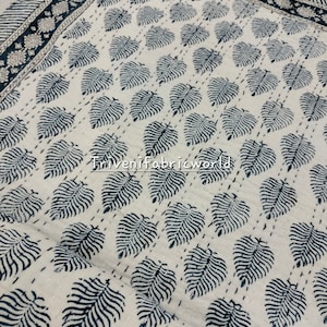 Edredón indio Kantha con estampado de bloques a mano en azul, colcha kantha, cosido a mano, manta kantha tamaño Queen