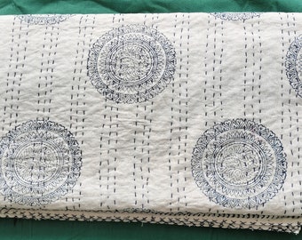 Blue Hand Block Print Kantha Quilt: Indian Cotton Bedspread
