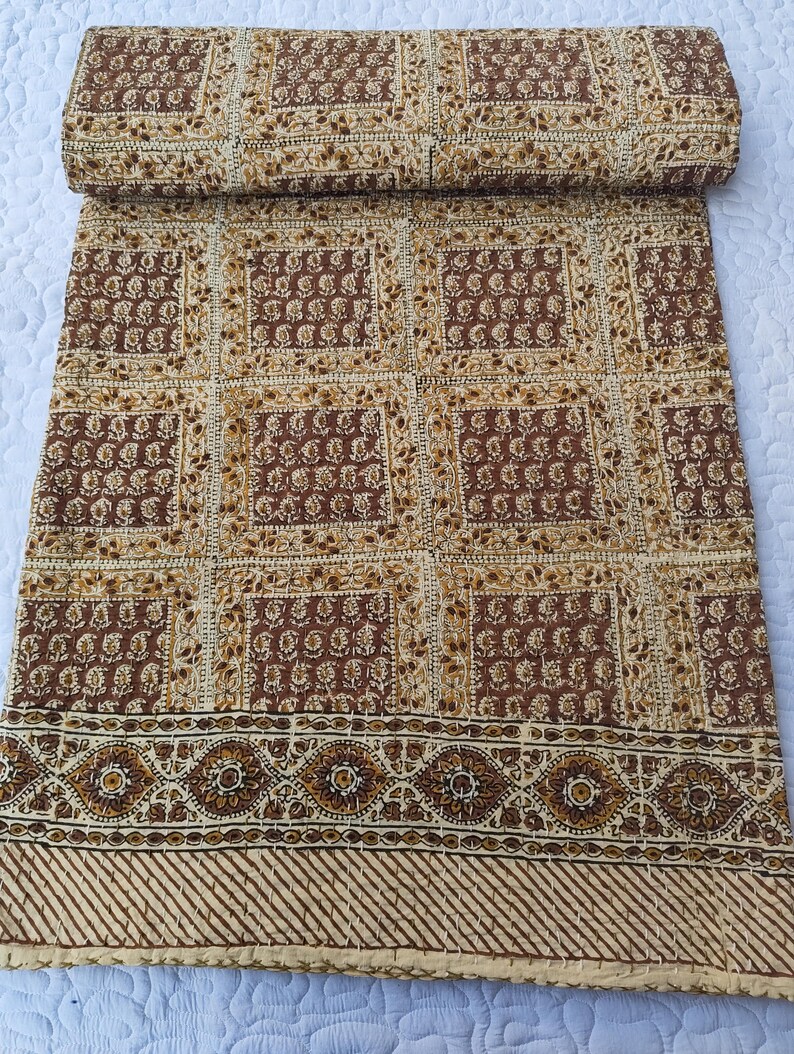 Brown Kantha Quilt Indian Bedding Throw Block Print Bedspread Hand Stitching Kantha Craft image 8