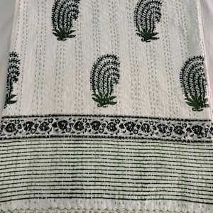 Green Floral Kantha Quilt: Hand Block Print Cotton Bedspread