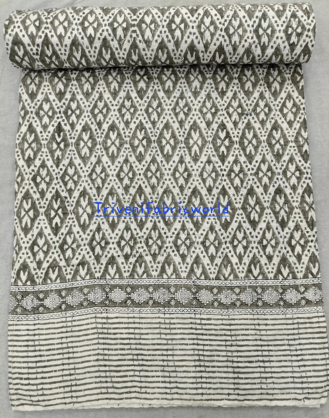 Kantha Quilt Grey Handmade Kantha Blanket Bedspread Quilt Hand Block