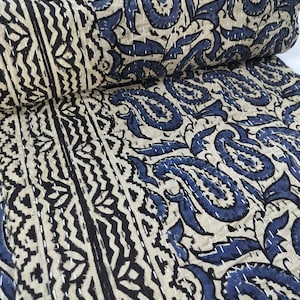 Blue Floral Kantha Quilt: Hand Block Print Cotton Bedspread