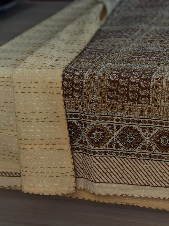 Brown Kantha Quilt Indian Bedding Throw Block Print Bedspread Hand Stitching Kantha Craft