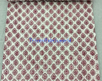 Pink Floral Kantha Quilt: Handblocked Cotton Bedspread