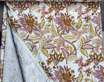 Kantha Quilt Bedspread Hand Block Print Indian Cotton Kantha Stitch Bedcover Yellow