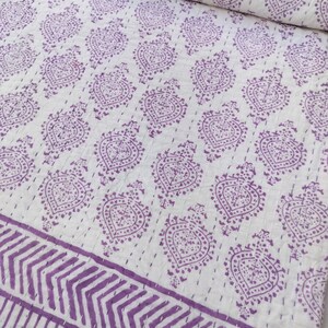 Hand Block Printed Kantha Quilt: Floral Applique Cotton Bedspread