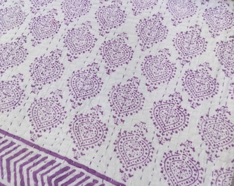 Hand Block Printed Kantha Quilt: Floral Applique Cotton Bedspread