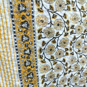 Yellow Floral Kantha Quilt Bedspread: Hand-Blocked Indian Cotton