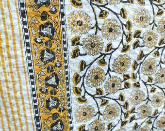 Kantha Quilt Bedspread: Yellow Flowers Hand-Blocked Indian Cotton