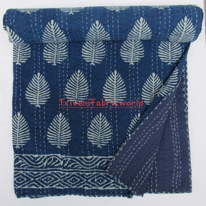 Indigo Leaf Print Kantha Quilt: Indian Cotton Bedspread