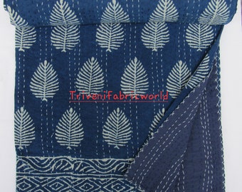 Colcha Kantha com estampa de folhas índigo: Colcha indiana de algodão tamanho queen