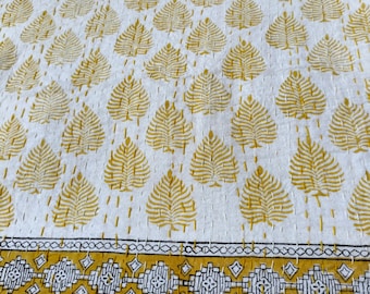Yellow Kantha Quilt: Hand Block Print Indian Cotton Bedspread (Queen Size)