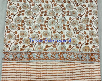 Orange Floral Kantha Quilt: Handmade Indian Block Print Bedspread