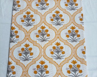 Yellow Floral Kantha Quilt: Handmade Indian Cotton Bedspread