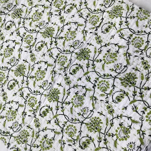 Hand Block Print Kantha Quilt: Green Floral Cotton Bedspread