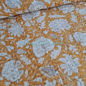 Indian kantha quilt yellow kantha handmade kantha blanket cotton kantha queen 90x108 hand block print kantha quilt king 108x108 inches