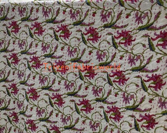 Pink Floral Kantha Quilt Bedspread - Handmade Indian Cotton