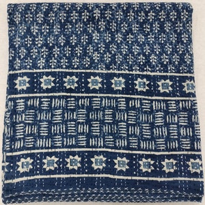 Indigo Blue Kantha Quilt: Handmade Floral Cotton Bedspread