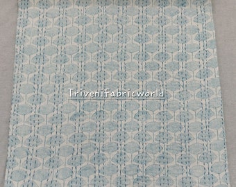 Block Print Kantha Quilt: Blue Floral Bohemian Bedspread (Queen Size)