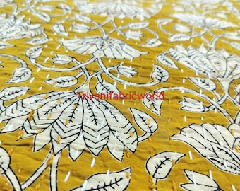 Mustard Yellow Floral Kantha Quilt, Queen Size Cotton Bedspread