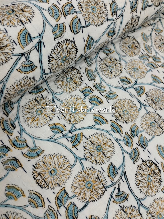 Floral Hand Block Print Kantha Quilt: Blue Cotton Bedspread