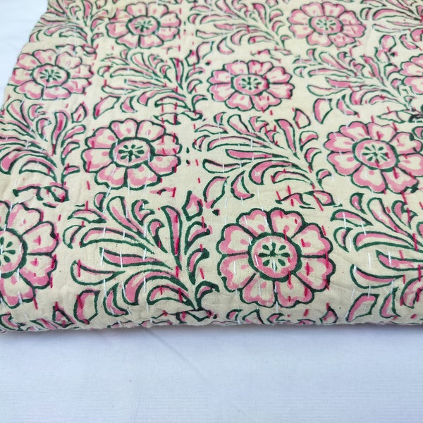 Indian Cotton Kantha Quilt Pink And Green Hand Block Print Bedspread Bedcover Kantha Throw Blanket Handmade Kantha Coverlet Kantha Crafts