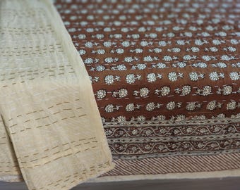 Hand Block Print Brown Cotton Kantha Bedspread – Floral Indian Bedding