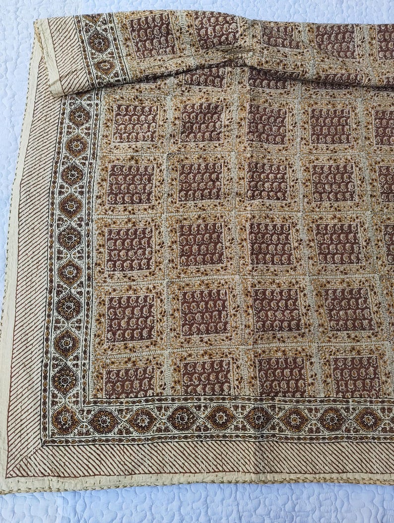 Brown Kantha Quilt Indian Bedding Throw Block Print Bedspread Hand Stitching Kantha Craft image 4
