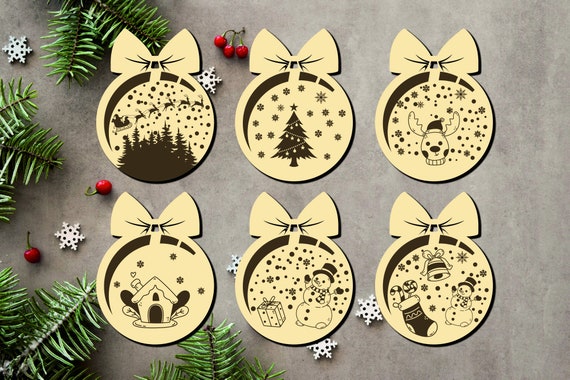 Laser Cut File Vector Bauble Snow, Christmas, 6 Pcs, CNC, SVG, DXF, Pdf, Cdr, Tree Ornaments, Personalized Balls P00013 Digital File Only