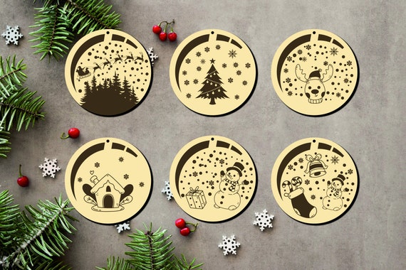 Laser Cut File Vector Bauble Snow, Christmas, 6 Pcs, CNC, SVG, DXF, Pdf, Cdr, Tree Ornaments, Personalized Balls P00003 Digital File Only