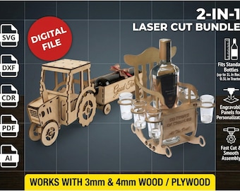 Laser Cut File Vector Tractor and Rocking Chair Bundle SVG Bottle Holder Father's Day Gift 3mm 4mm Glowforge Digital Download CNC