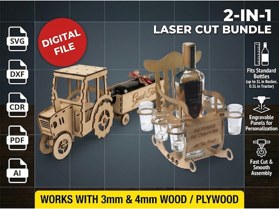 Laser Cut File Vector Tractor and Rocking Chair Bundle SVG Bottle Holder Father's Day Gift 3mm 4mm Glowforge Digital Download CNC