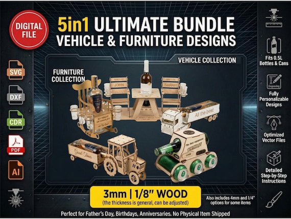 Laser Cut File Vector 5 in 1 Bundle Bottle Holder SVG, Tractor Truck Tank Chair Table Stand DXF, Fathers Day Gift Box Glowforge xTool