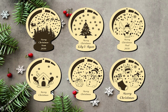 Laser Cut File Vector Bauble Snow, Christmas, 6 Pcs, CNC, SVG, DXF, Pdf, Cdr, Tree Ornaments, Personalized Balls P00012 Digital File Only