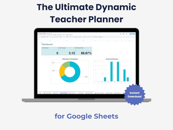 Teacher Planner Google Sheets - Dynamic, Multilingual, 8 Themes, Lesson Plan, Gradebook, Attendance Tracker - Digital Instant Download