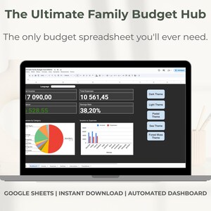 May include: A laptop screen shows a budget spreadsheet with financial data, charts, and theme options. The text at the top reads "The Ultimate Family Budget Hub." The bottom of the image says "GOOGLE SHEETS | INSTANT DOWNLOAD | AUTOMATED DASHBOARD."