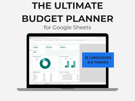 Aura Budget Planner for Google Sheets | 10 Languages, 8 Themes | Annual & Monthly Dashboard, Paycheck and Expense Tracker, Digital Template