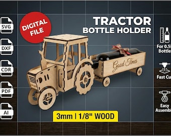 Laser Cut File Vector Tractor With Trailer 3mm 1/8 inch SVG Beverage Holder Wood Gift Farm Vehicle Template Glowforge Digital Download