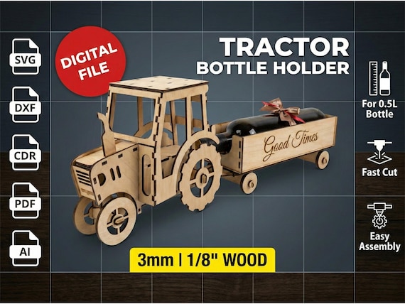 Laser Cut File Vector Tractor With Trailer 3mm 1/8 inch SVG Beverage Holder Wood Gift Farm Vehicle Template Glowforge Digital Download