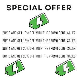 Puede incluir: Un gr&aacute;fico con el texto "SPECIAL OFFER" y un icono de rayo verde. El texto debajo del gr&aacute;fico enumera descuentos para comprar 2, 3, 4 o 5 art&iacute;culos con los c&oacute;digos promocionales correspondientes: SALE2, SALE3, SALE4 y SALE5.