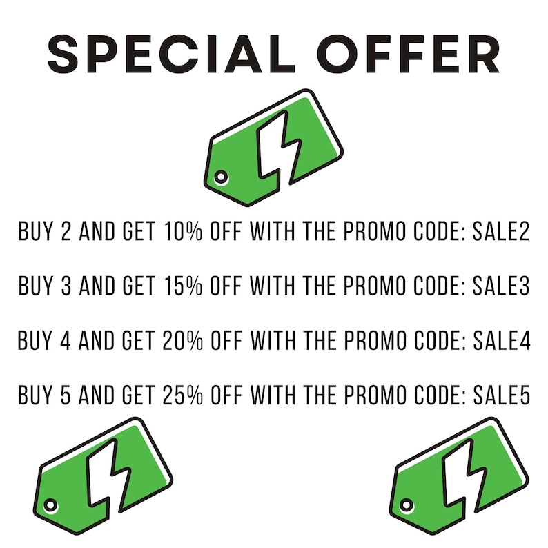 Puede incluir: Un gr&aacute;fico con el texto "SPECIAL OFFER" y un icono de rayo verde. El texto debajo del gr&aacute;fico enumera descuentos para comprar 2, 3, 4 o 5 art&iacute;culos con los c&oacute;digos promocionales correspondientes: SALE2, SALE3, SALE4 y SALE5.